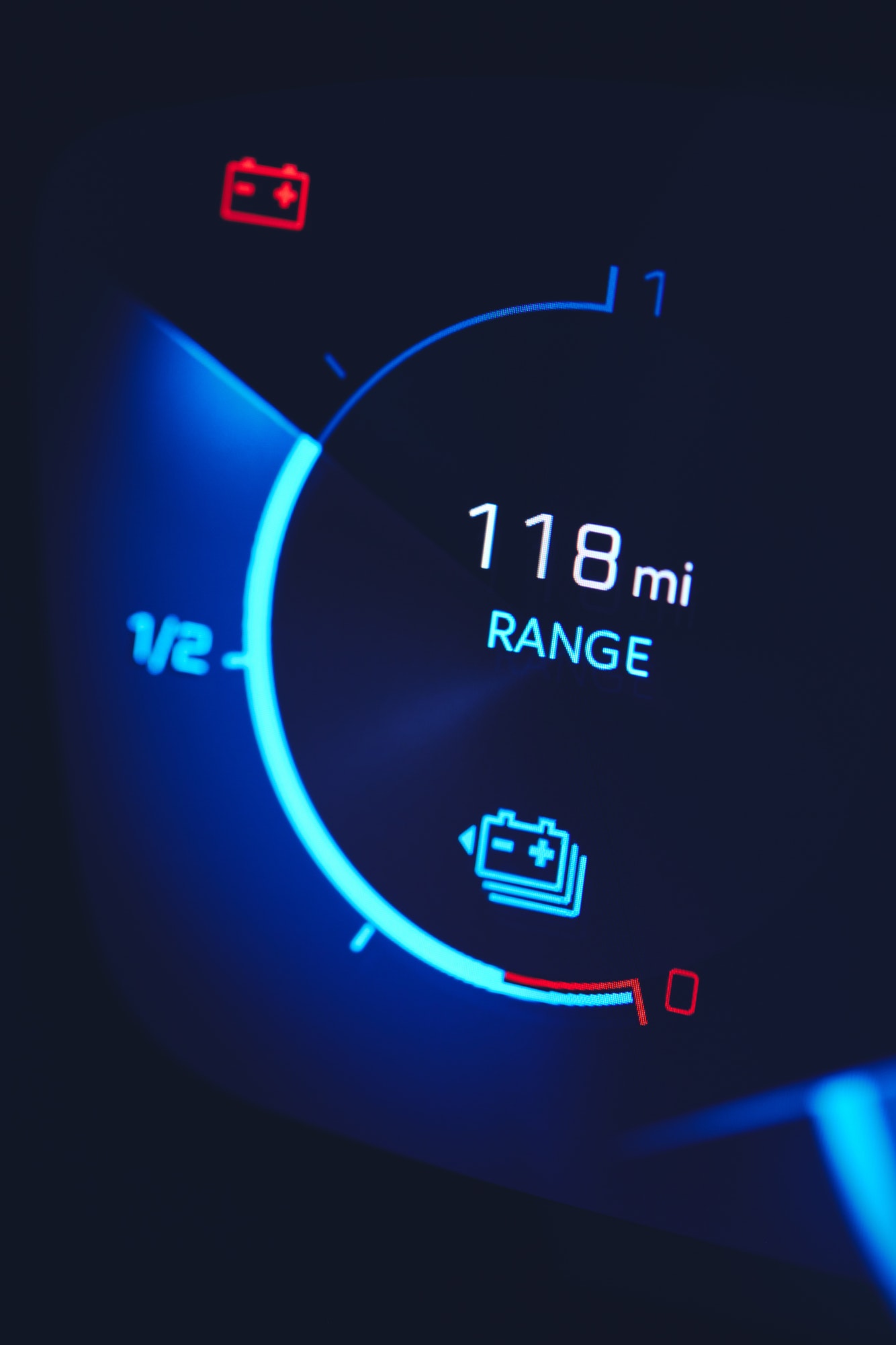 Close-in shot of electric car battery range gauge